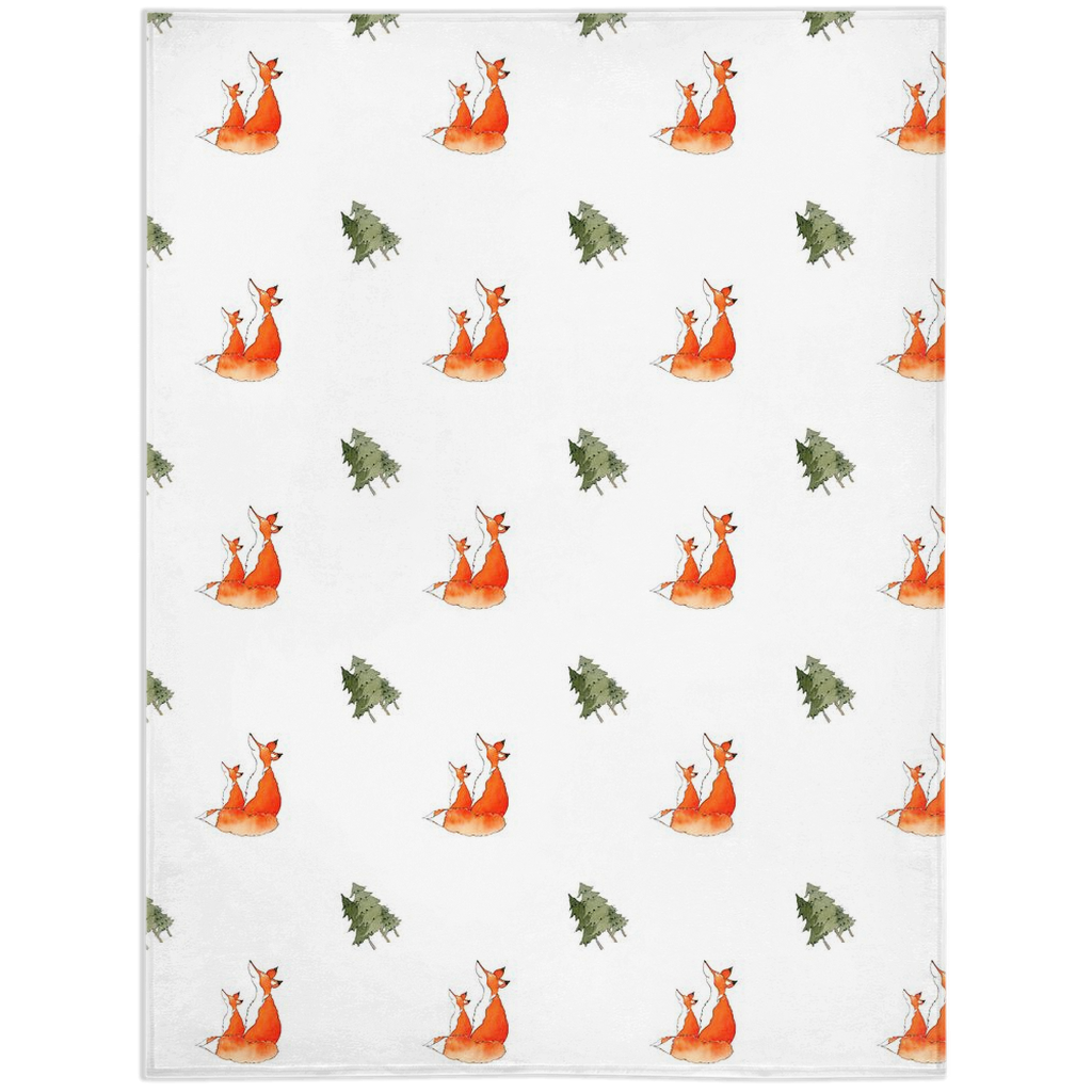 Fox and Trees Pattern Minky Blanket (White)