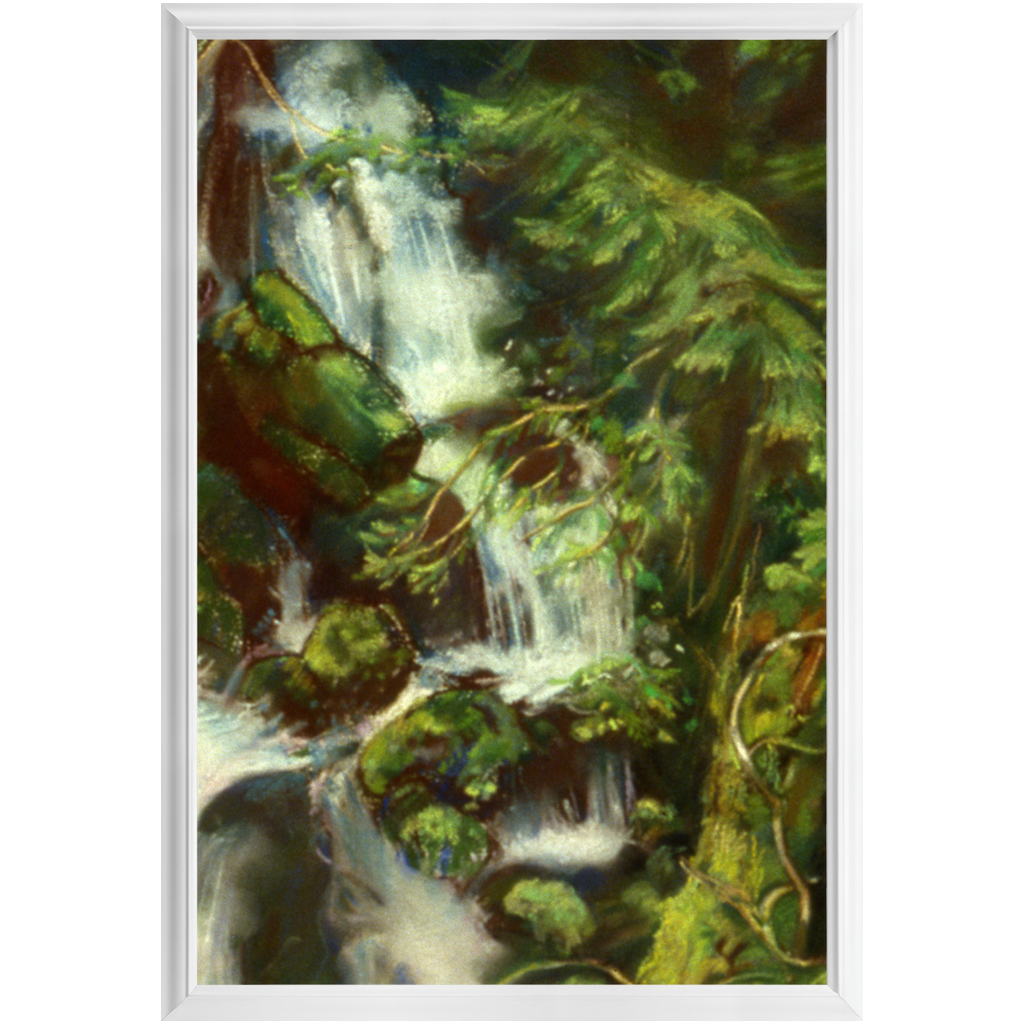 Woodland Waterfall framed print, Liz Miccio pastel of a white waterfall over mossy rocks in a green forest (view 16)