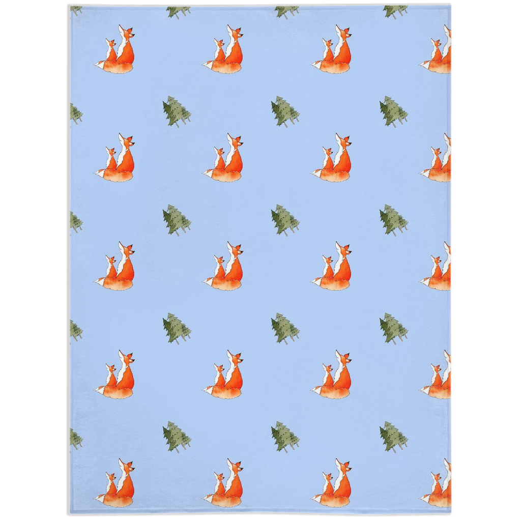 Fox and Trees Pattern Minky Blanket (Blue)