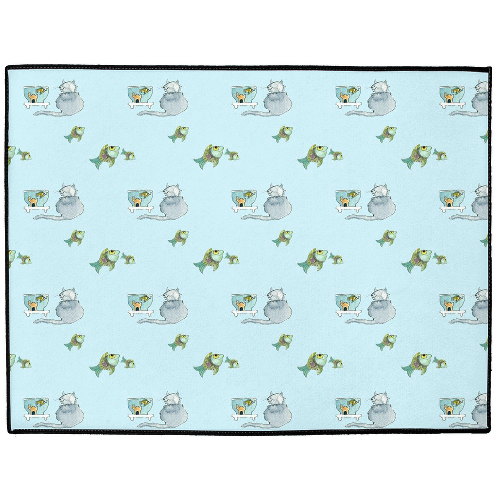 Cat and Fish Pattern Floor Mat (blue)