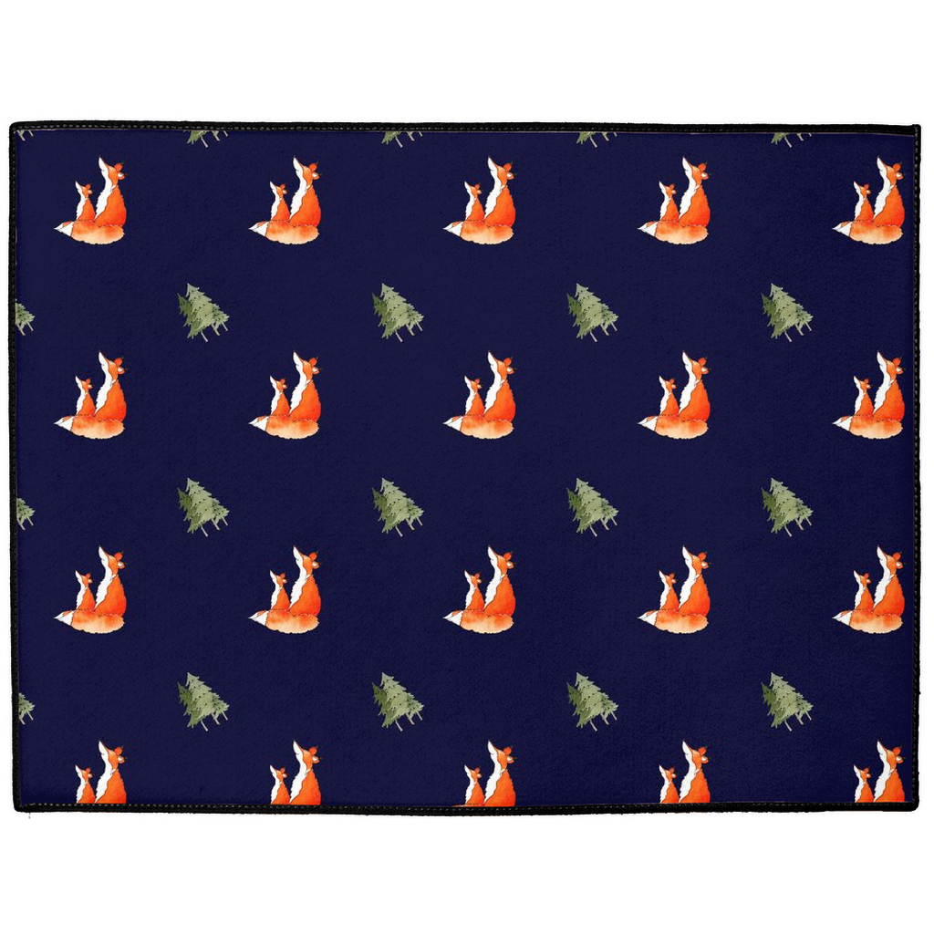 Fox and Trees Pattern Floor Mat (Dark Blue)