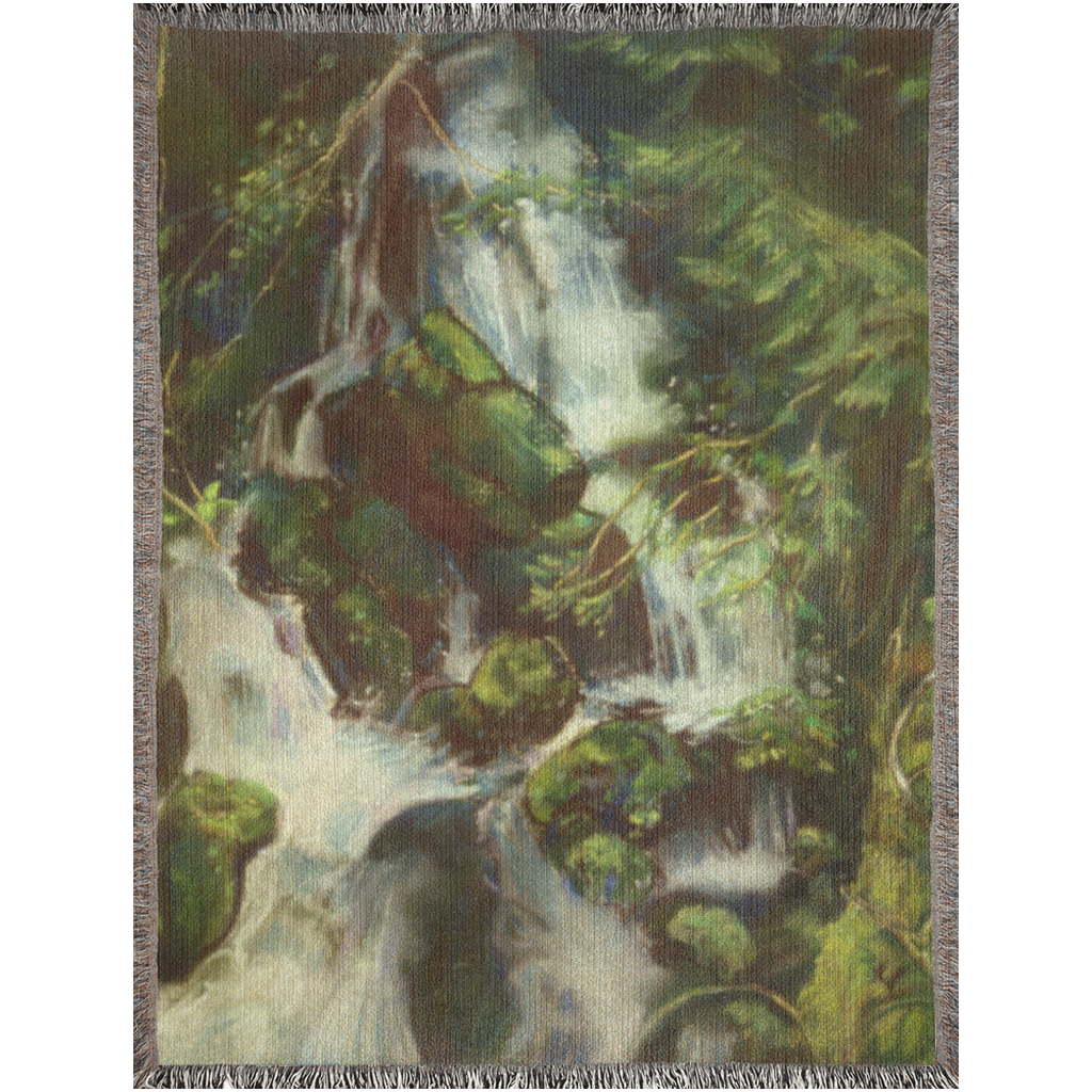 Woodland Waterfall woven cotton blanket, Liz Miccio pastel of a forest waterfall over mossy rocks (view 2)
