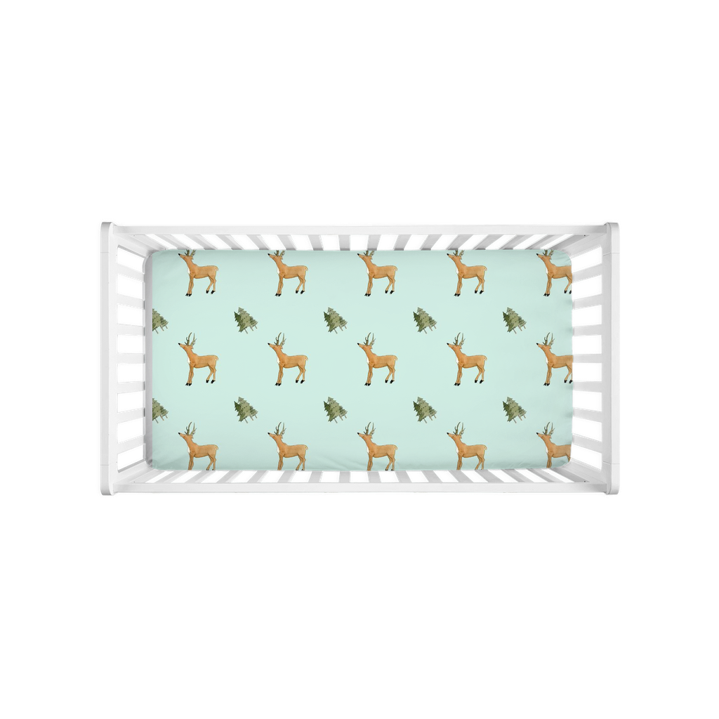 Deer and Trees Pattern Crib Sheet (green)