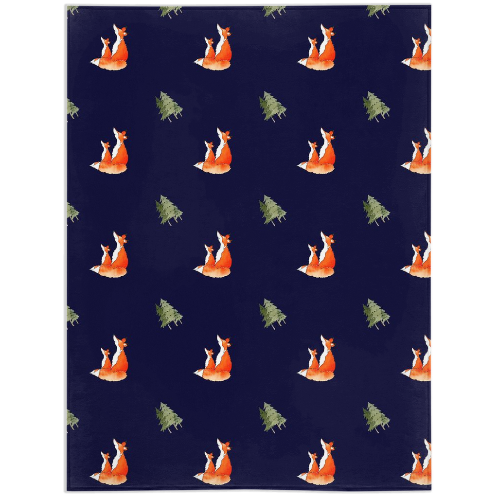 Fox and Trees Pattern Minky Blanket (Dark Blue)