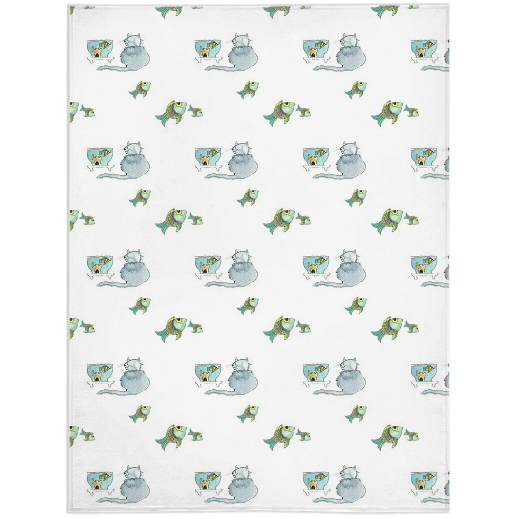 Cat and Fish Pattern Minky Blanket (White)