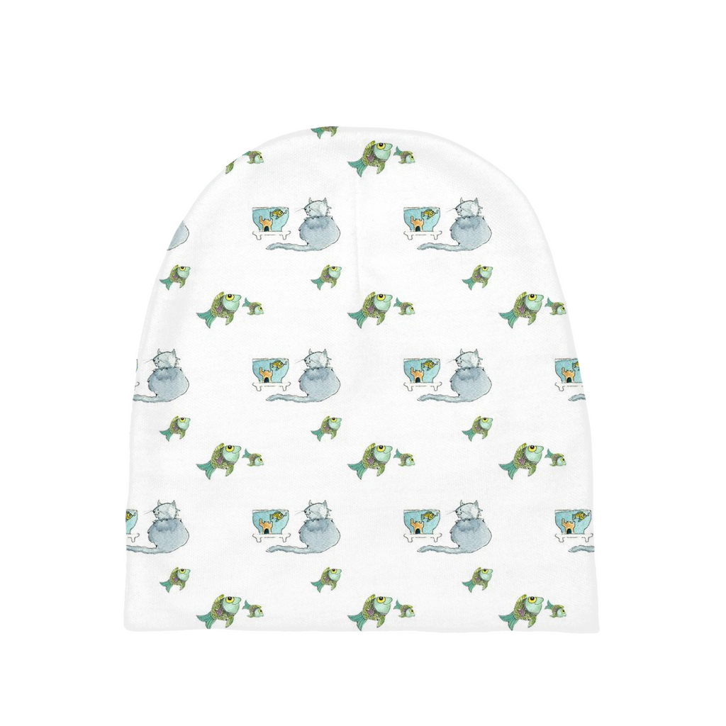 Cat and Fish Pattern Baby Beanie (White)