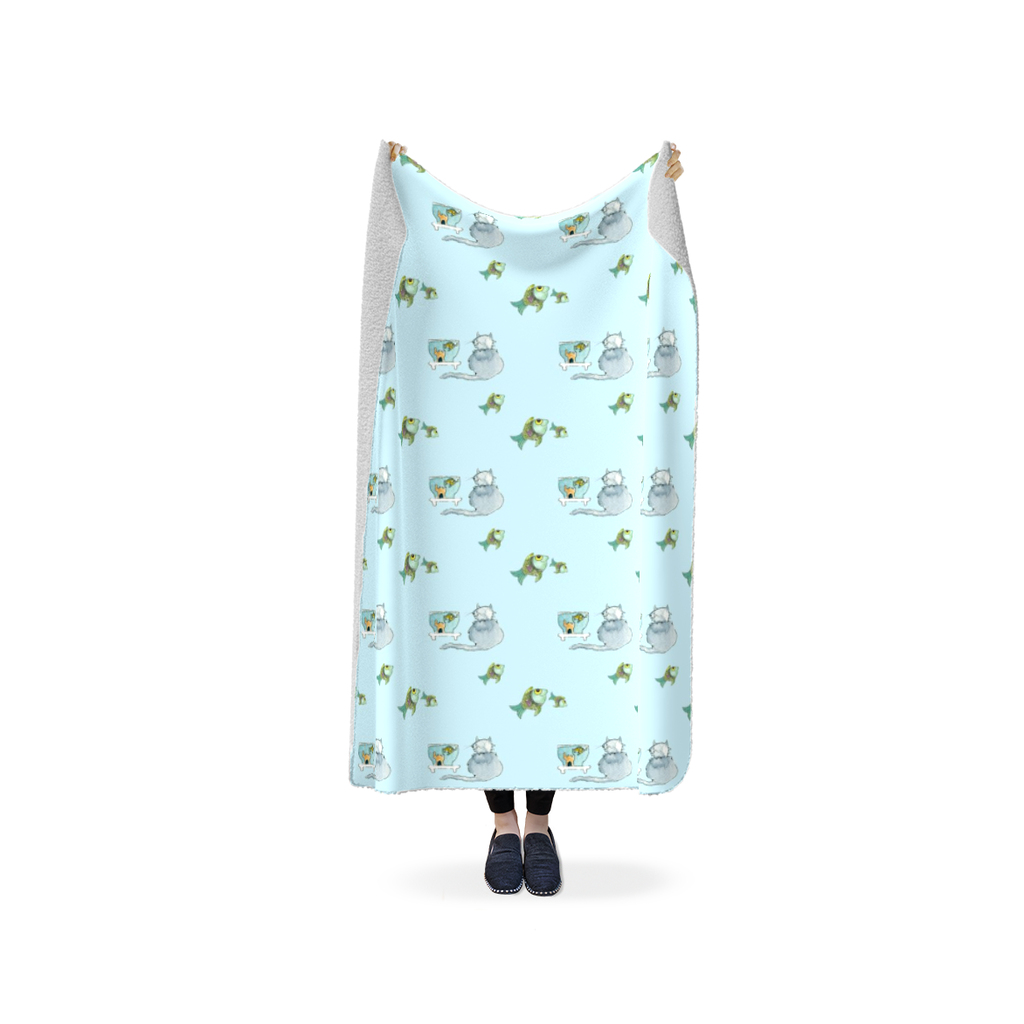 Cats and Fish Sherpa Blanket - (Blue)