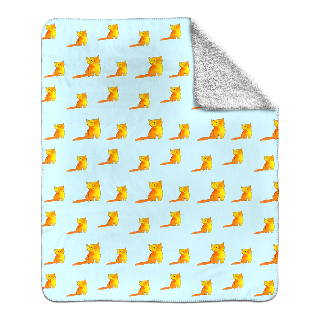 Happy Cat Pattern Sherpa Blanket - (Blue)