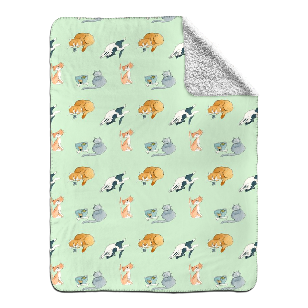 Cats Pattern Sherpa Blanket - (Green)