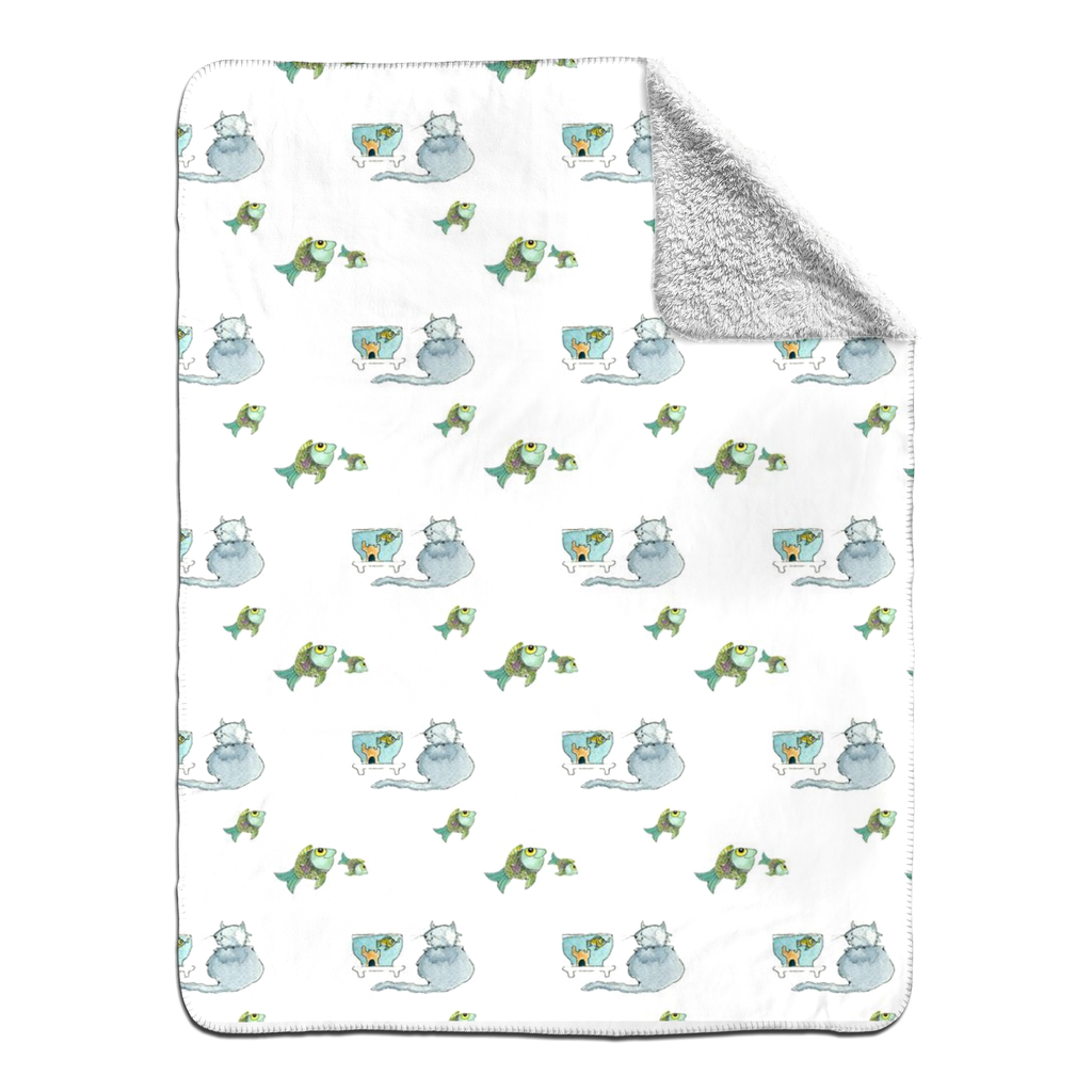 Cats and Fish Sherpa Blanket - (White)