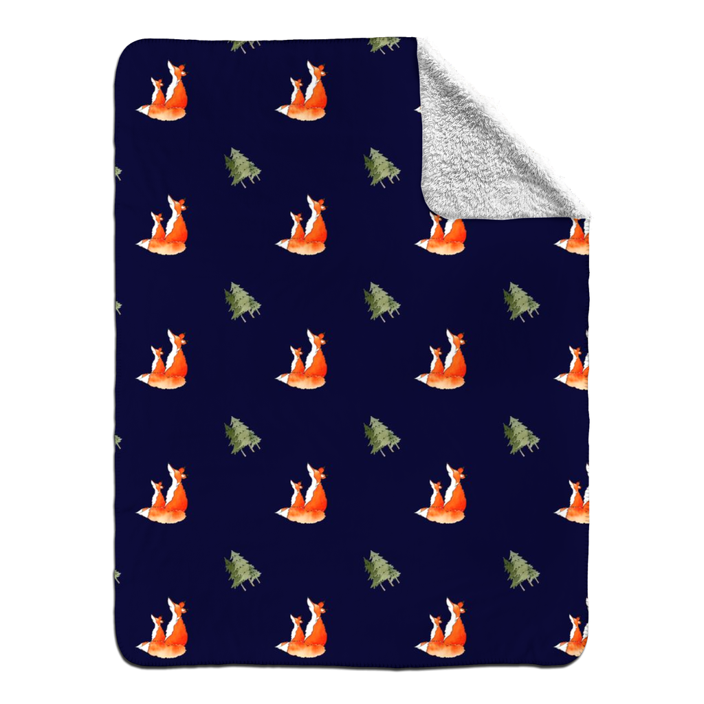 Fox and Trees Sherpa Blanket (Dark Blue)