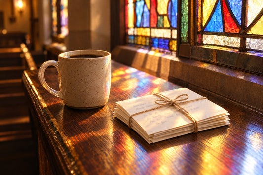 A coffee mug and a twine-tied stack of handwritten thank-you notes on a church pew in warm stained-glass light
