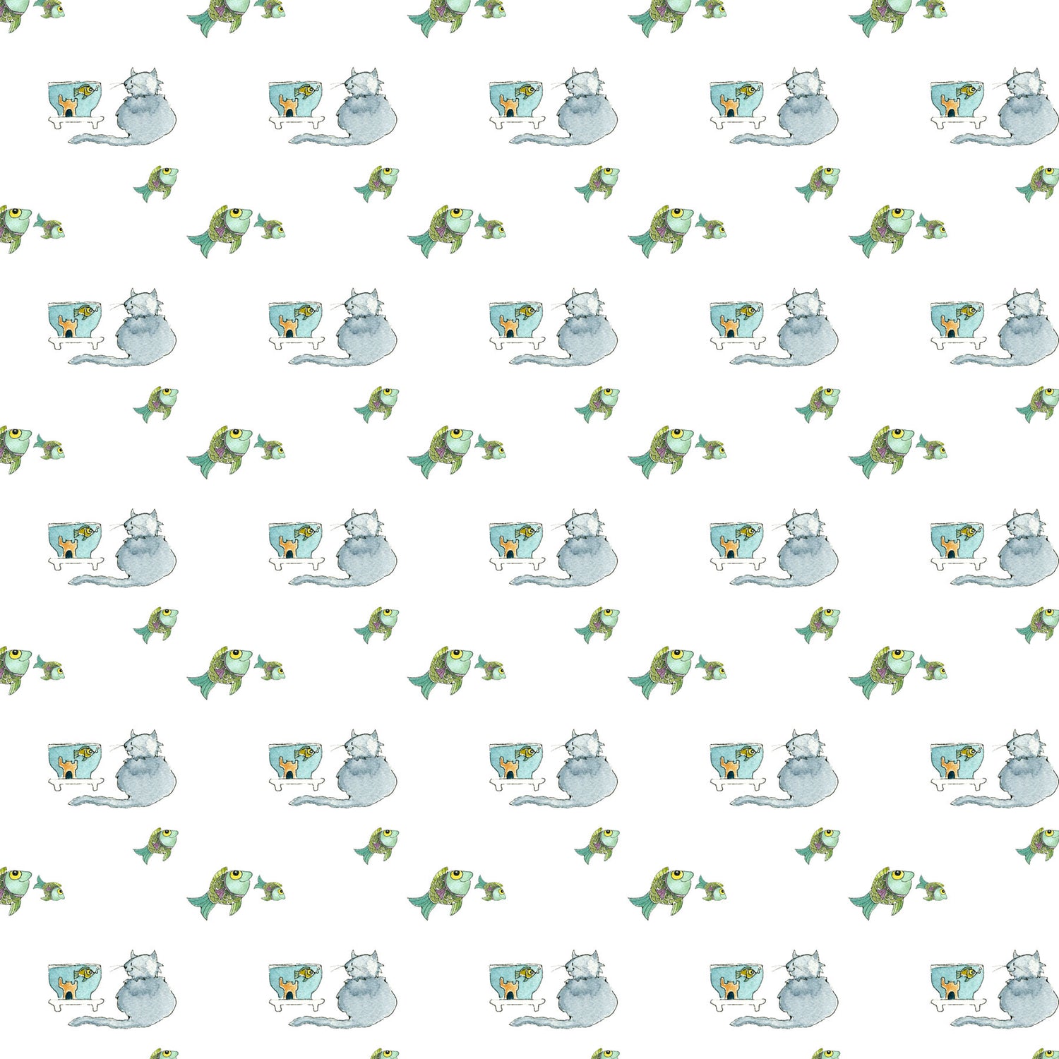 White Cat and Fish Pattern