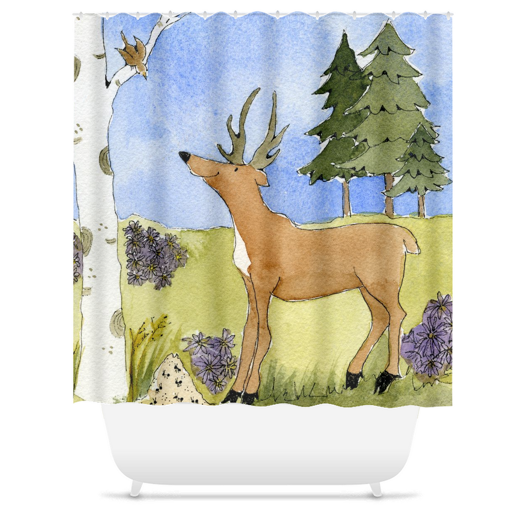 Alpine Wildflowers art: a deer in a mountain meadow with purple asters and pine trees