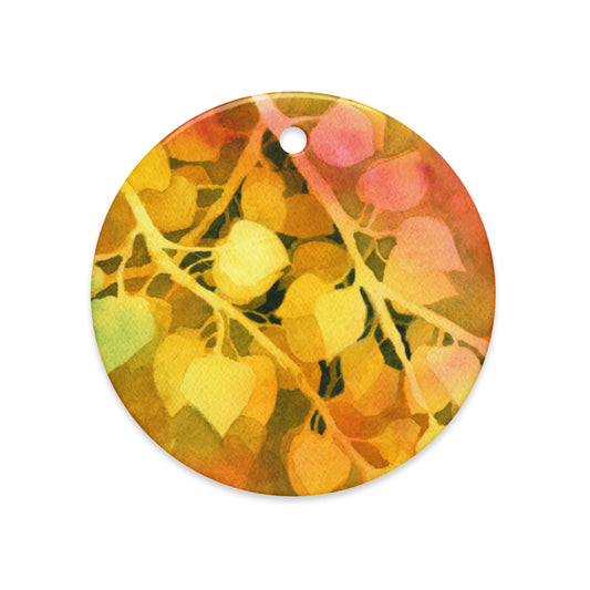 Golden Aspen ceramic ornament, round, with yellow and pink aspen leaves on pale branches