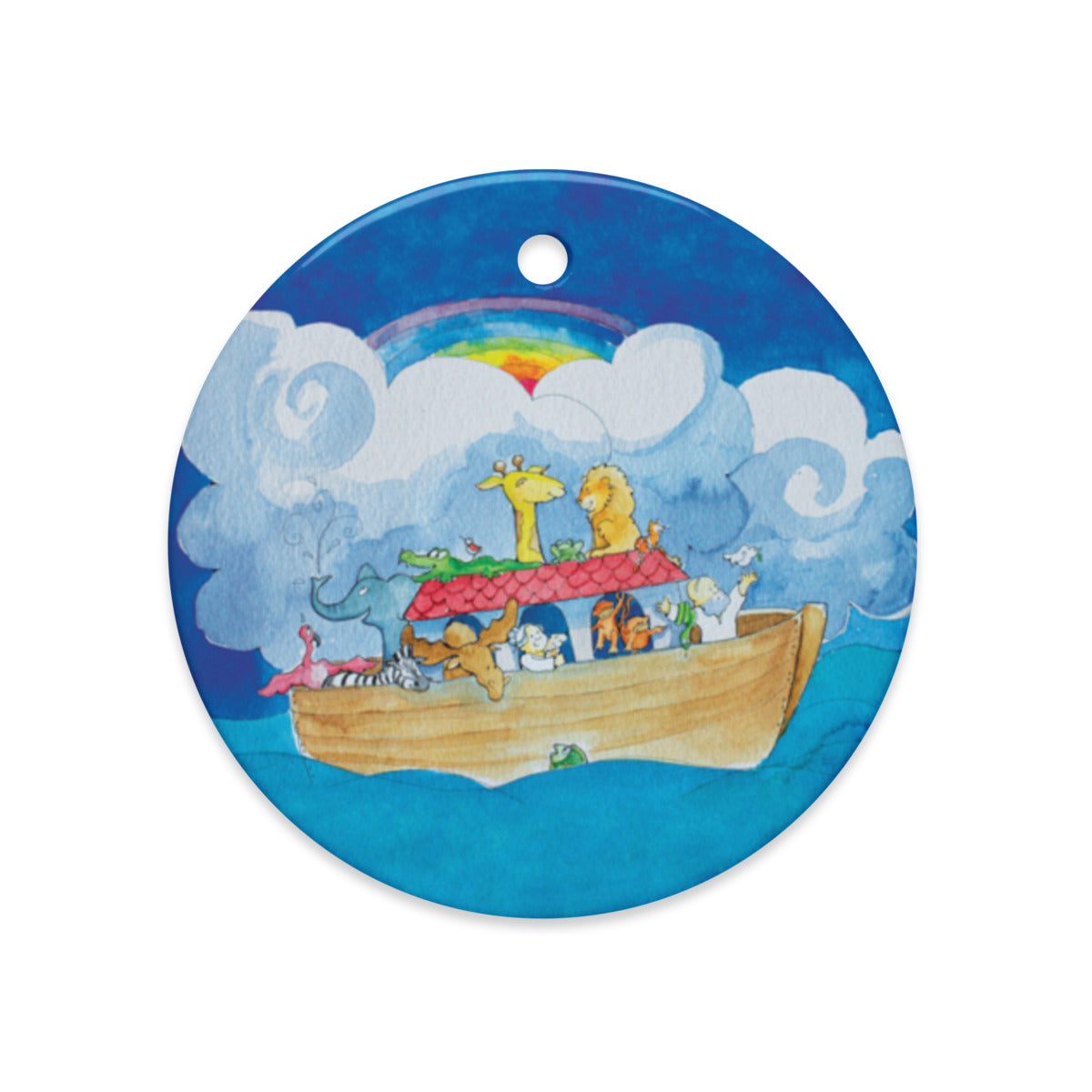 Noah's Ark ceramic ornament, round, with the wooden ark and animals under a rainbow