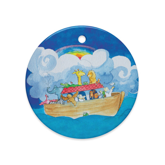 Noah's Ark ceramic ornament, round, with the wooden ark and animals under a rainbow