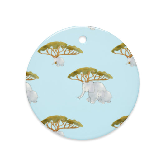 Elephant and Trees Pattern ceramic ornament in blue, round, with grey elephants under olive-green acacia trees