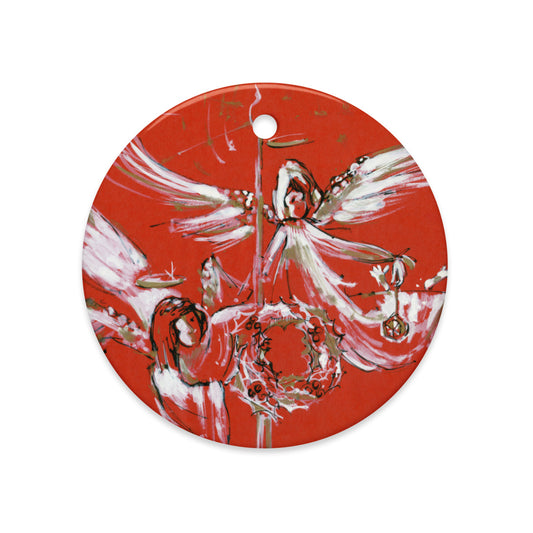 Christmas Angels ceramic ornament, round, with white angels on a bold red ground