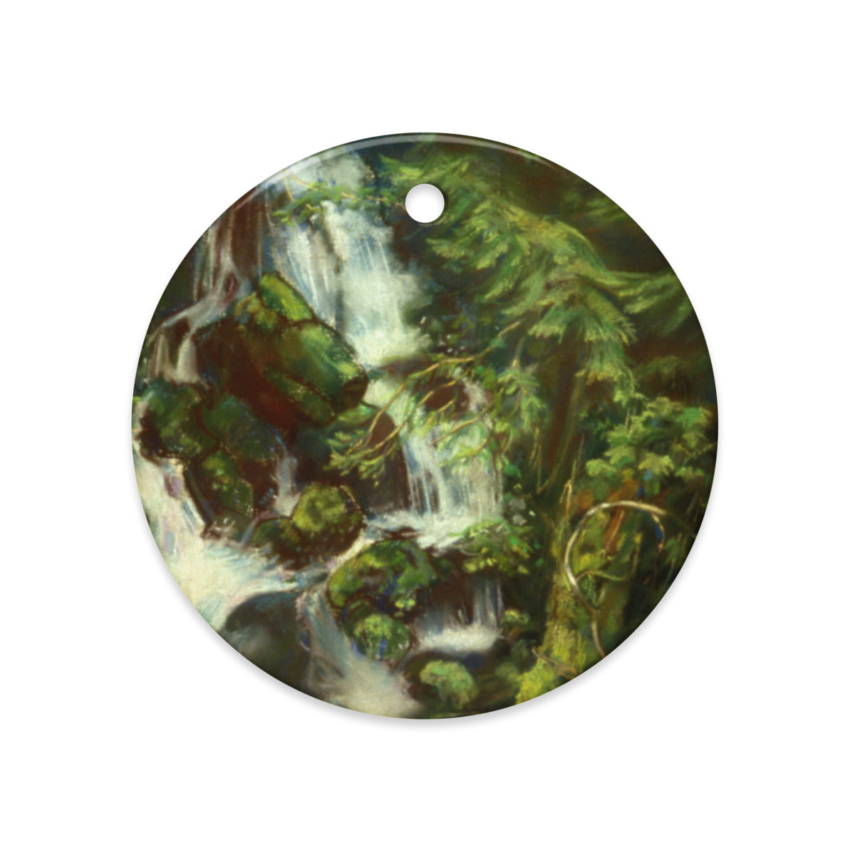 Woodland Waterfall ceramic ornament, round, with a white waterfall over mossy boulders