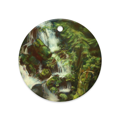 Woodland Waterfall ceramic ornament, round, with a white waterfall over mossy boulders