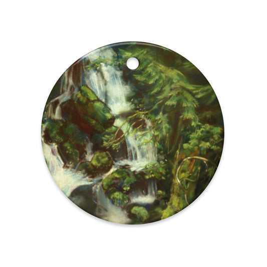 Woodland Waterfall ceramic ornament, round, with a white waterfall over mossy boulders