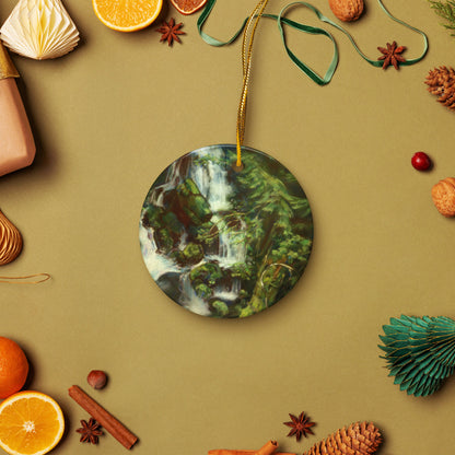 Woodland Waterfall ceramic ornament on a gold string among holiday oranges and pinecones