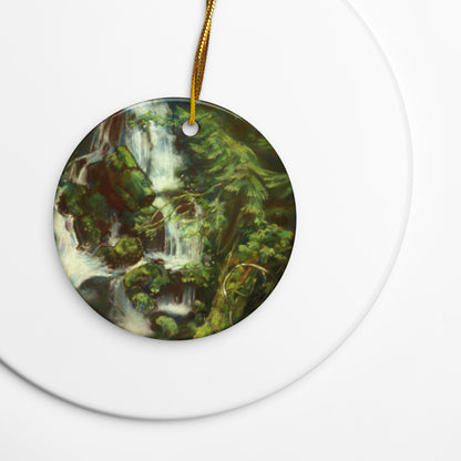Woodland Waterfall ceramic ornament on a gold string over a white plate