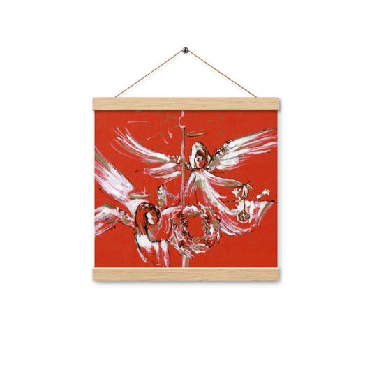 Christmas Angels poster with an oak hanger, white angels on a bold red ground