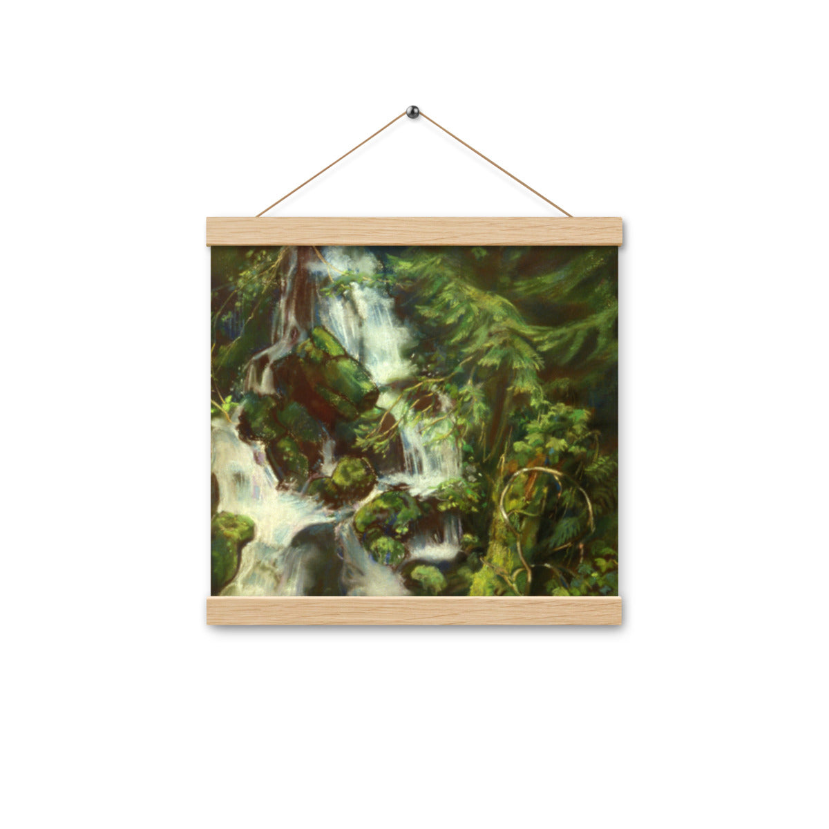 Woodland Waterfall poster with an oak hanger, a white waterfall over mossy boulders