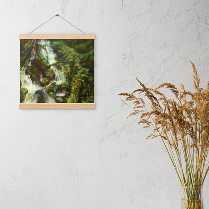 Woodland Waterfall hanging poster on a light wall beside dried grasses