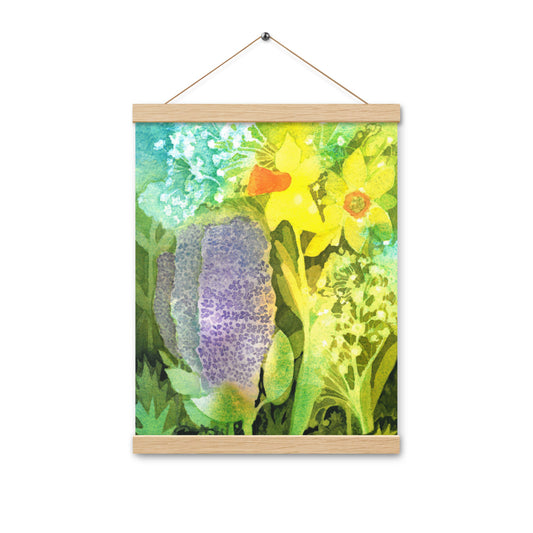 Grief and Forgiveness Garden poster with an oak hanger, violet allium and yellow daffodils