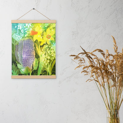 Grief and Forgiveness Garden hanging poster on a light wall beside dried grasses