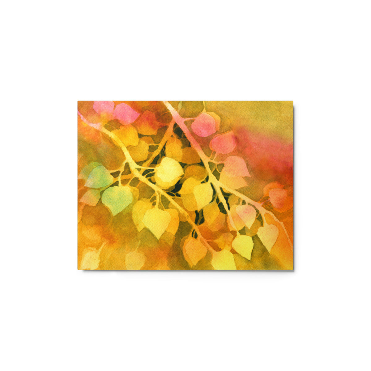 Golden Aspen glossy metal print with yellow and tangerine aspen leaves on pale branches