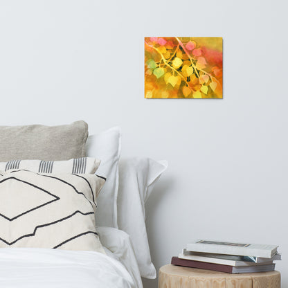 Golden Aspen metal print hanging above a bed with white pillows