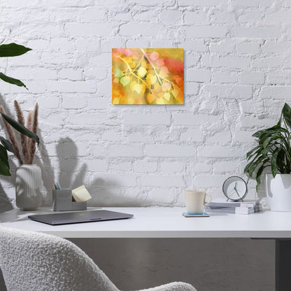 Golden Aspen metal print on a white brick wall above a desk