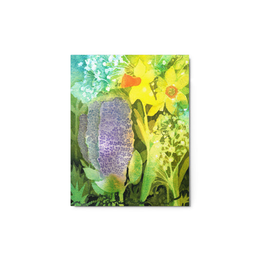 Grief and Forgiveness Garden glossy metal print with violet allium and yellow daffodils