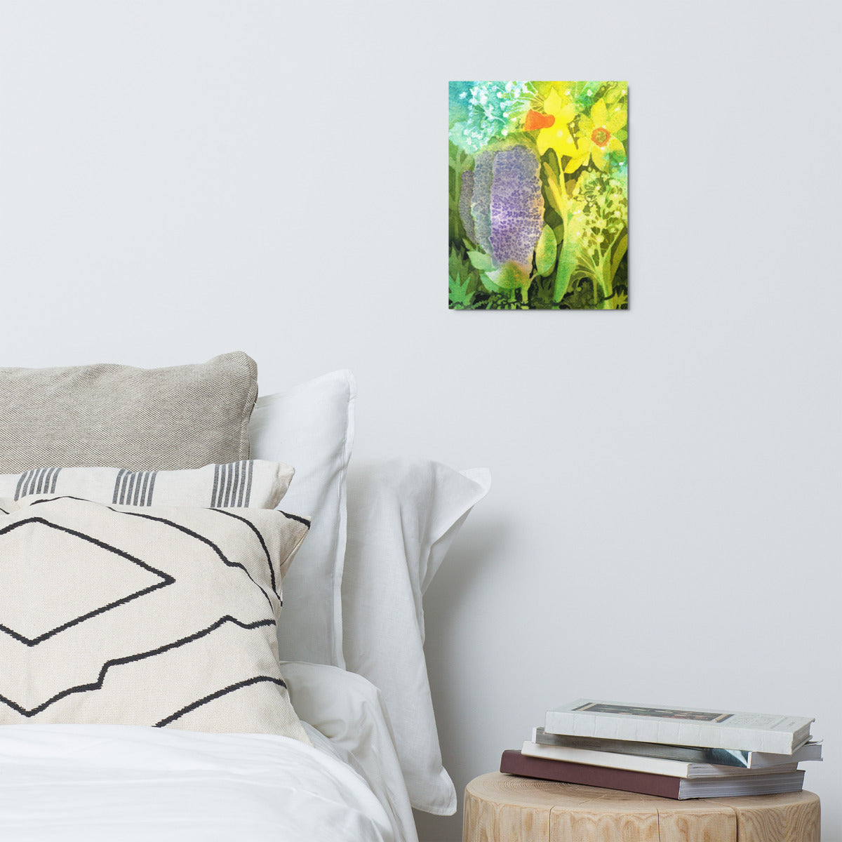 Grief and Forgiveness Garden metal print hanging above a bed with white pillows