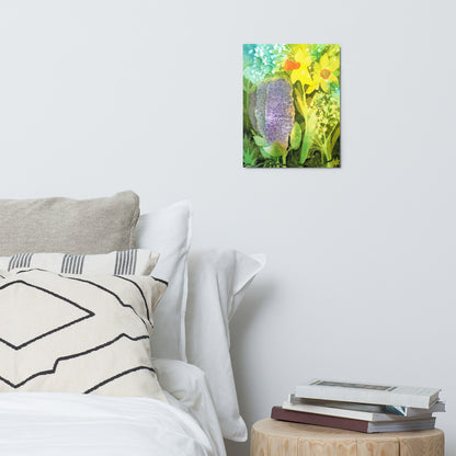 Grief and Forgiveness Garden metal print hanging above a bed with white pillows