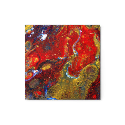 Lava Flow glossy metal print with marbled red, yellow, blue and purple paint