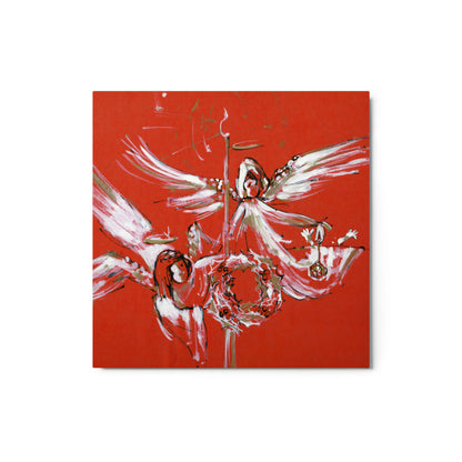Christmas Angels glossy metal print with white angels on a bold red ground