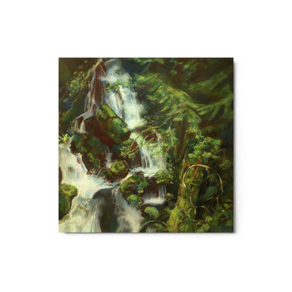 Woodland Waterfall glossy metal print, a white waterfall over mossy boulders under evergreen boughs