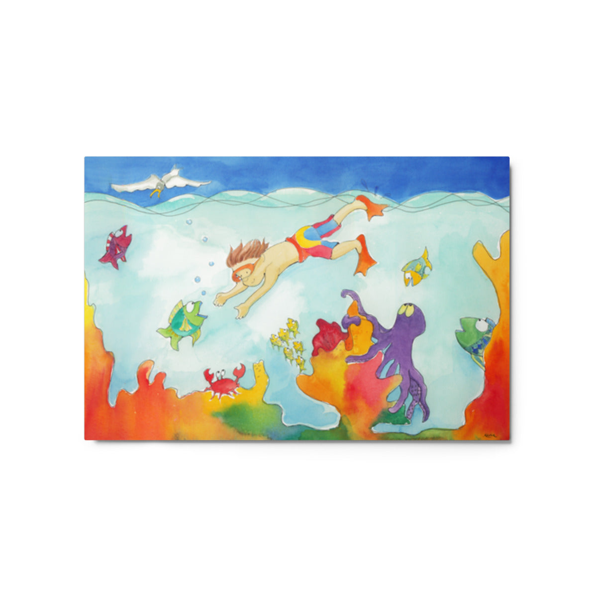 Diver glossy metal print with a scuba diver, bright coral, fish and a purple octopus