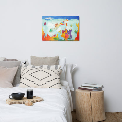 Diver metal print hanging above a bed with white pillows