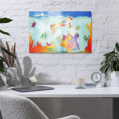 Diver metal print on a white brick wall above a desk