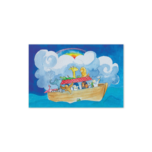Noah's Ark greeting card front with the wooden ark and animals under a rainbow
