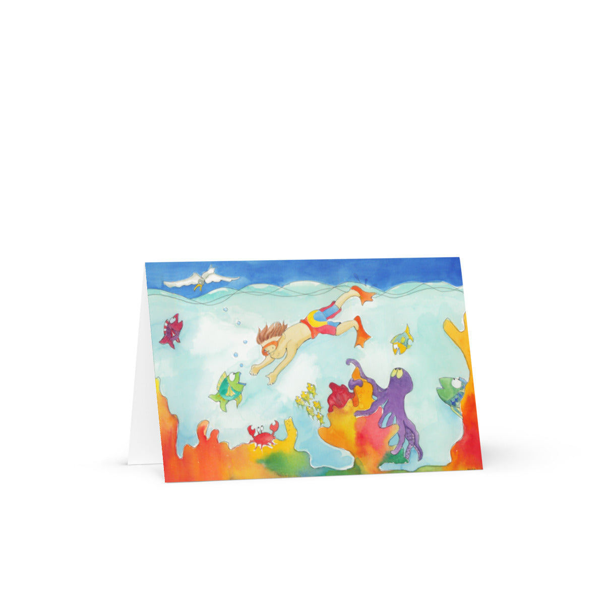 Diver greeting card front with a scuba diver, coral, fish and a purple octopus