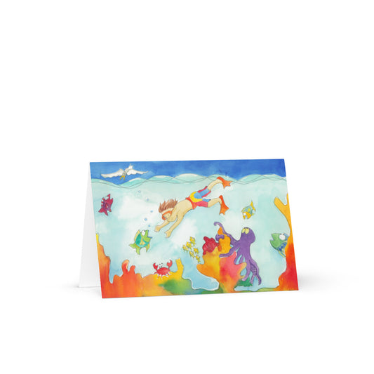 Diver greeting card front with a scuba diver, coral, fish and a purple octopus