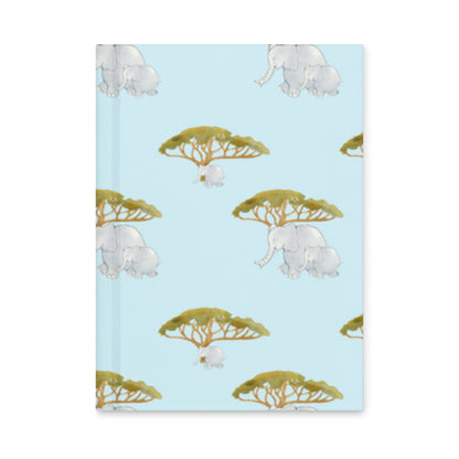 Elephant and Trees Pattern hardcover journal in blue, front cover with grey elephants under acacia trees