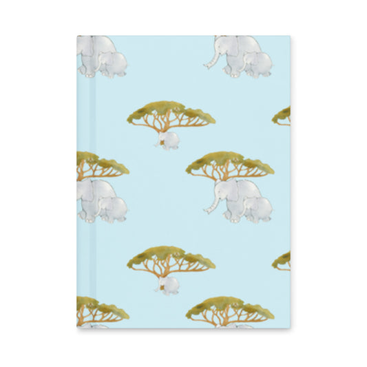 Elephant and Trees Pattern hardcover journal in blue, front cover with grey elephants under acacia trees